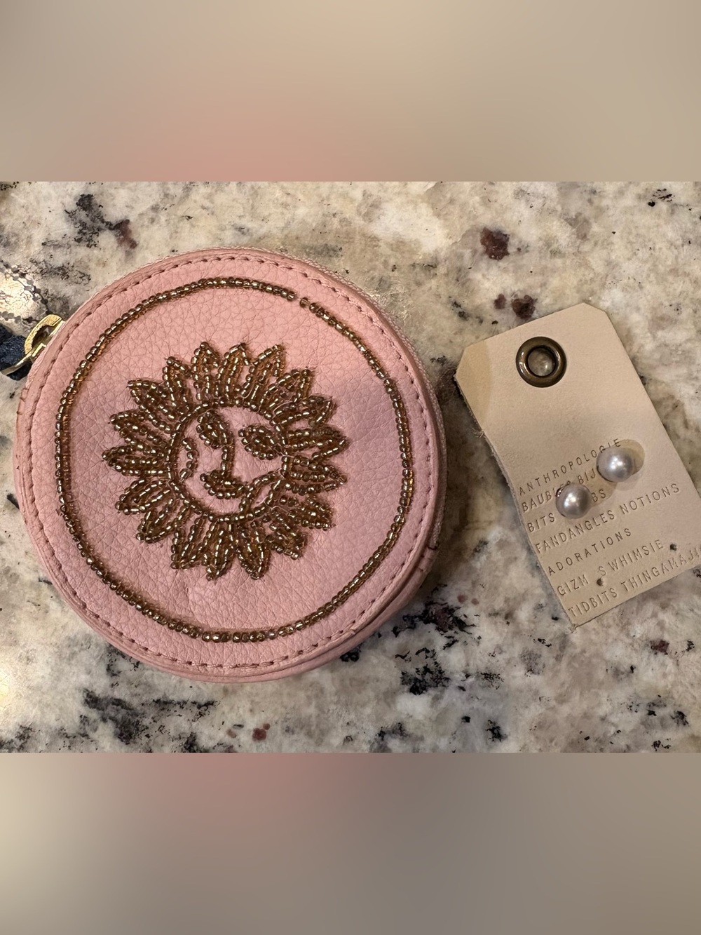 Anthropologie Pink Coin Purse with Gold Sun/pair of Freshwater Pearl Earrings